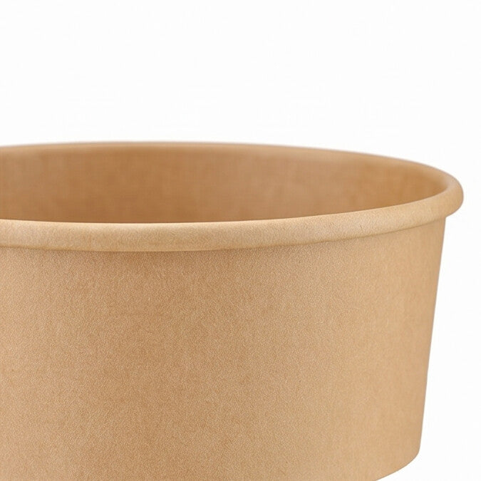 raft round paper bowl 1300ml rim detail – close-up of the rolled top rim and upper wall, showing the premium natural kraft paper texture and smooth interior surface