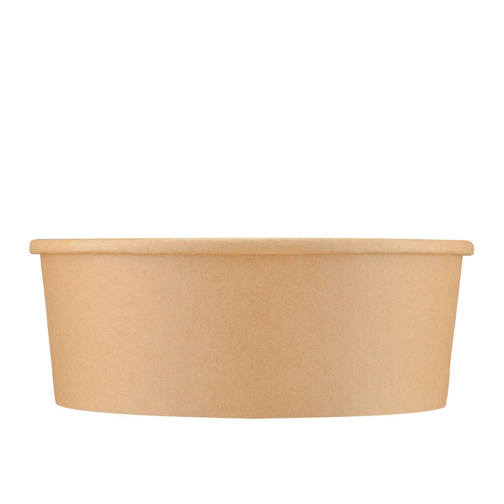 Kraft round paper bowl 1300ml side view – straight-on eye-level profile showing the wide smooth exterior wall and rolled rim, extra-large natural brown 1300ml disposable food bowl