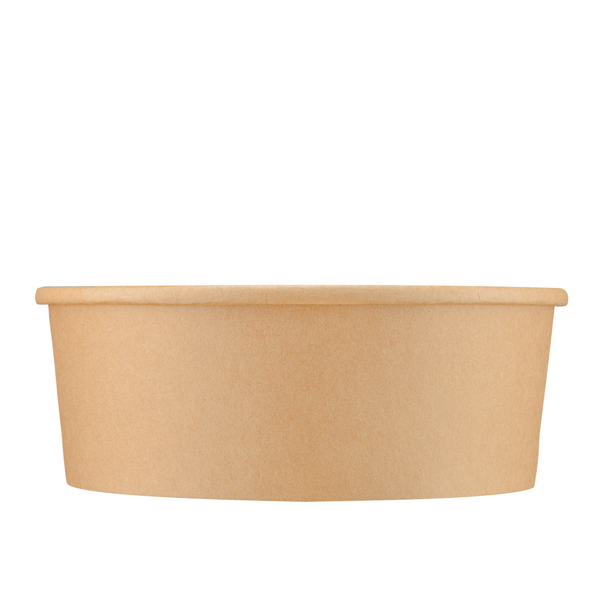 Kraft round paper bowl 1300ml side view – straight-on eye-level profile showing the wide smooth exterior wall and rolled rim, extra-large natural brown 1300ml disposable food bowl