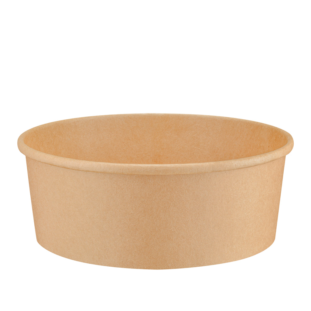 Kraft round paper bowl 1300ml side view – straight-on eye-level profile showing the wide smooth exterior wall and rolled rim, extra-large natural brown 1300ml disposable food bowl