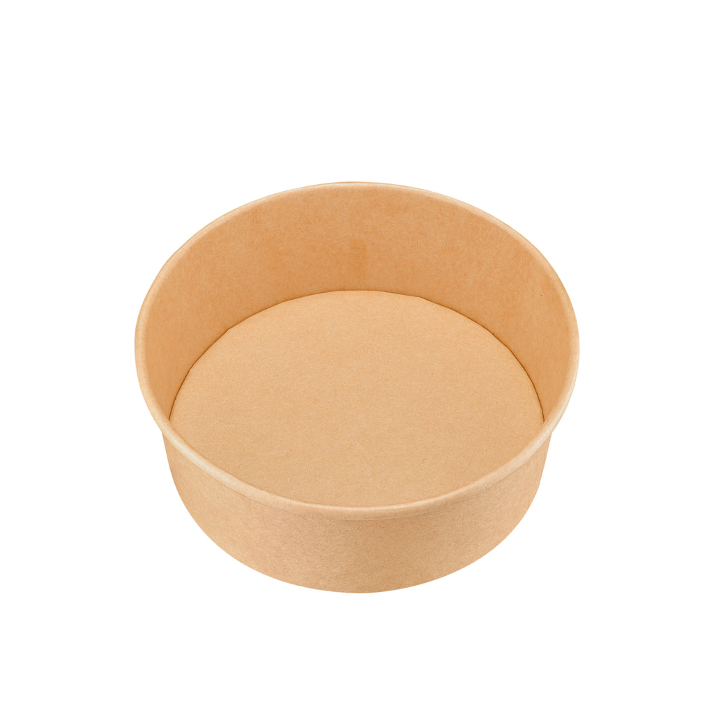 Kraft round paper bowl 1300ml three-quarter view – elevated three-quarter angle revealing the full depth of the open interior, sturdy kraft paper walls and base, food-safe grease-resistant packaging
