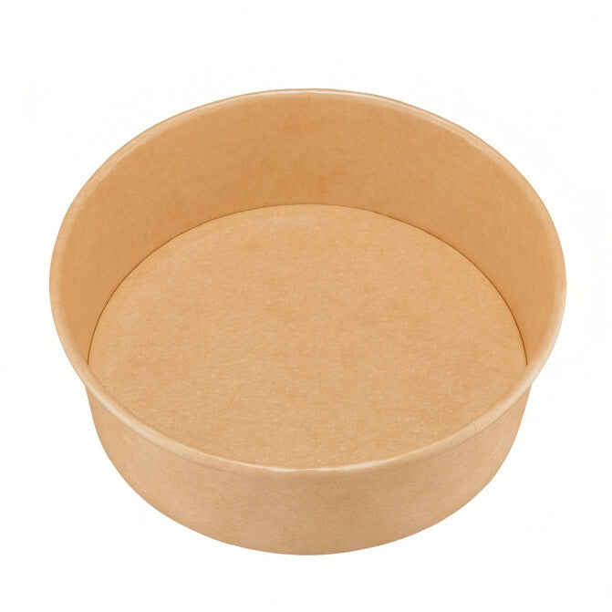 Kraft round paper bowl 500ml angled view – elevated perspective showing open interior and sturdy kraft paper construction, suitable for takeaway packaging