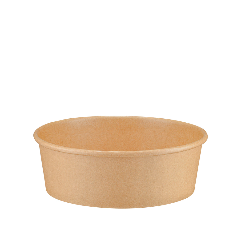 Kraft round paper bowl 500ml front view – slightly elevated angle showing the exterior body and a glimpse of the open interior, 500ml capacity eco-friendly paper bowl