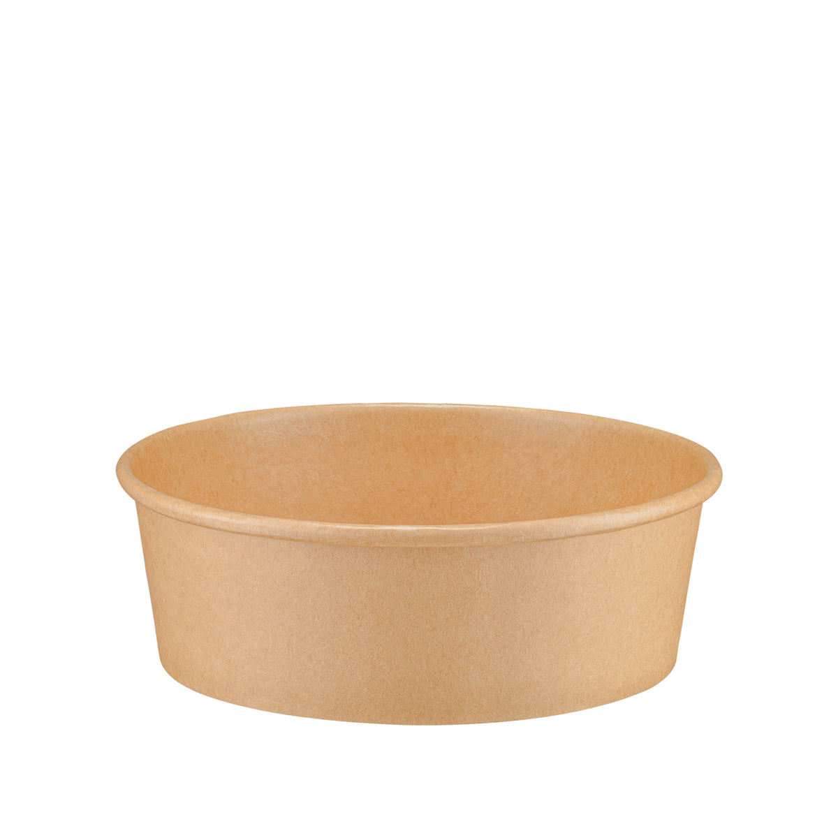 Kraft round paper bowl 500ml front view – slightly elevated angle showing the exterior body and a glimpse of the open interior, 500ml capacity eco-friendly paper bowl