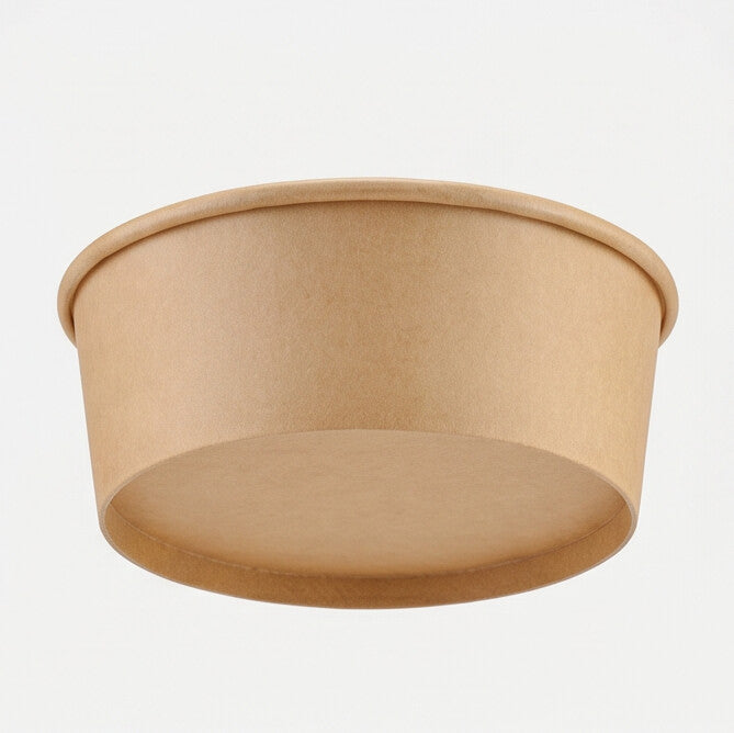 Kraft round paper bowl 500ml front view – slightly elevated angle showing the exterior body and a glimpse of the open interior, 500ml capacity eco-friendly paper bowl