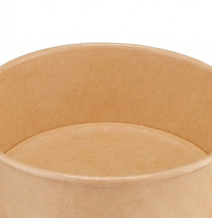 Kraft round paper bowl 500ml interior close-up – detailed view of the natural kraft paper inner surface and curved rim, food-safe and grease-resistant