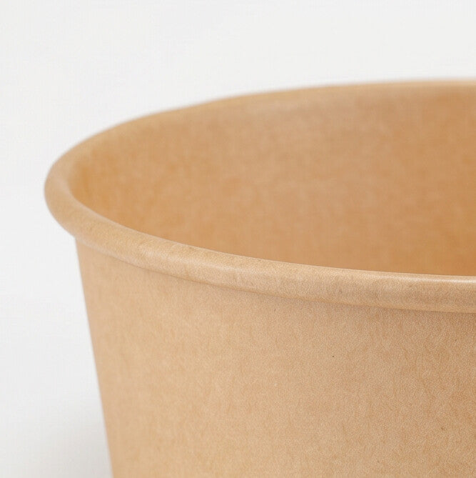 raft round paper bowl 500ml rim detail – close-up of the rolled top rim and interior wall showing premium kraft paper texture and clean finish