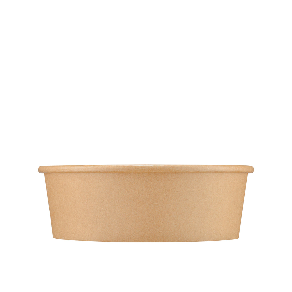 Kraft round paper bowl 500ml side view – straight-on profile showing the smooth exterior kraft paper wall and rolled rim, natural brown disposable bowl for takeaway