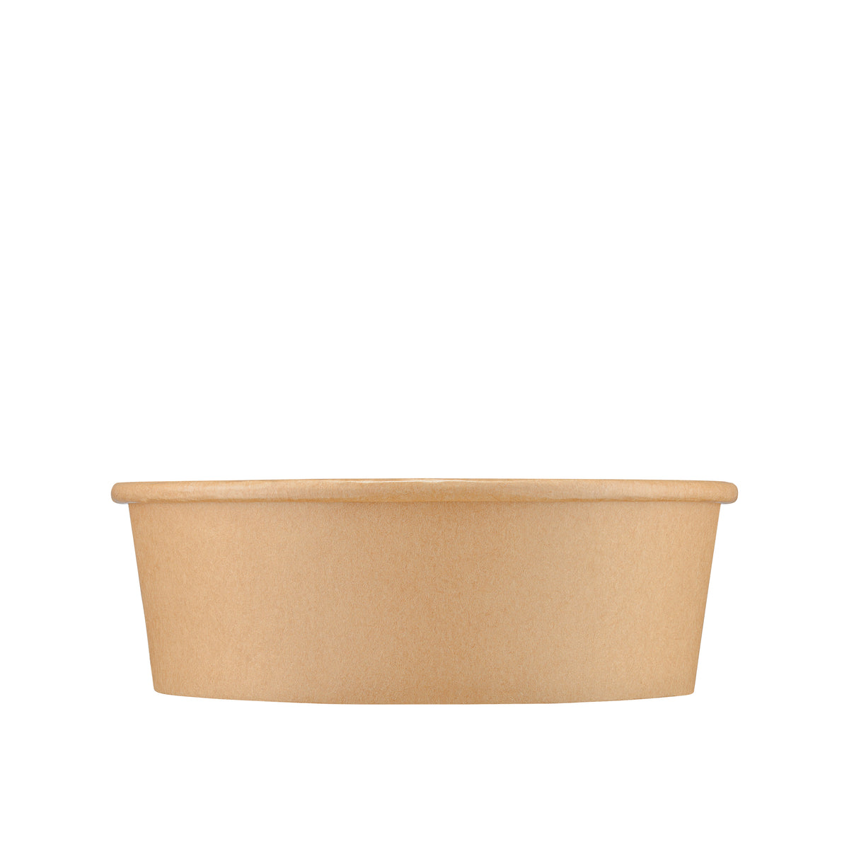 Kraft round paper bowl 500ml side view – straight-on profile showing the smooth exterior kraft paper wall and rolled rim, natural brown disposable bowl for takeaway