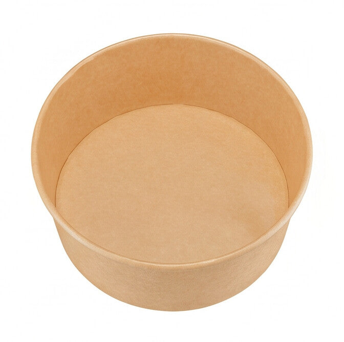 Kraft round paper bowl 750ml angle view – elevated three-quarter perspective clearly showing the open interior, side walls and base of the eco-friendly kraft paper bowl