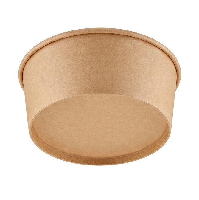 Kraft round paper bowl 750ml elevated front view – high-angle front shot showing the wide open rim and interior base, food-safe kraft paper packaging for takeaway meals