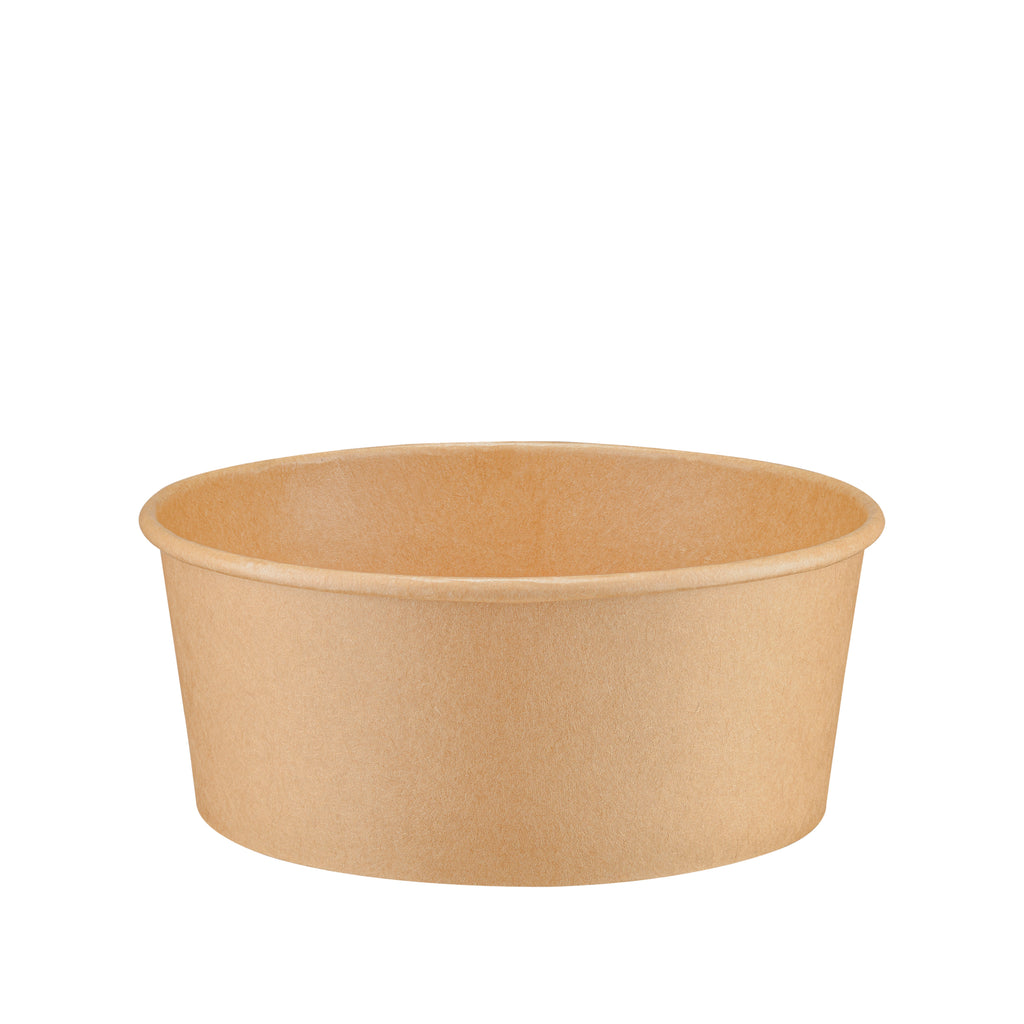 Kraft round paper bowl 750ml front view – slightly elevated angle showing the wide rim and exterior of the natural brown disposable bowl, ideal for soups, salads and generous portions
