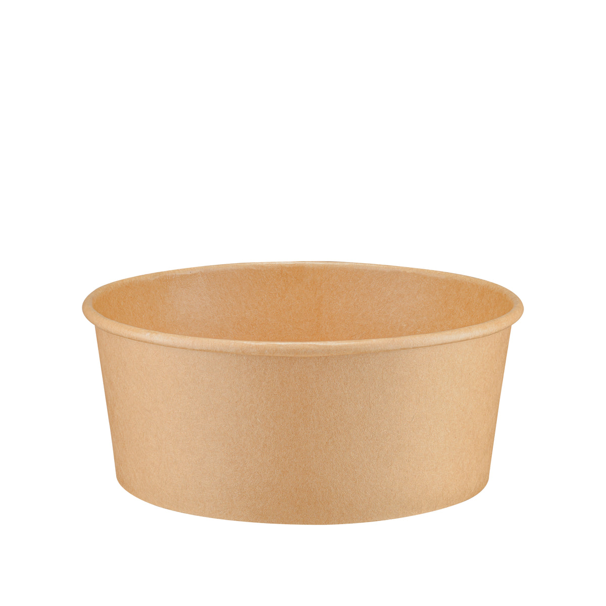 Kraft round paper bowl 750ml front view – slightly elevated angle showing the wide rim and exterior of the natural brown disposable bowl, ideal for soups, salads and generous portions