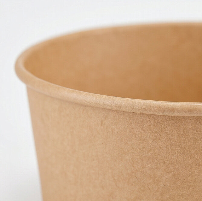 Kraft round paper bowl 750ml rim detail – close-up of the rolled rim edge and interior wall texture, showcasing the premium natural kraft paper material and clean finish