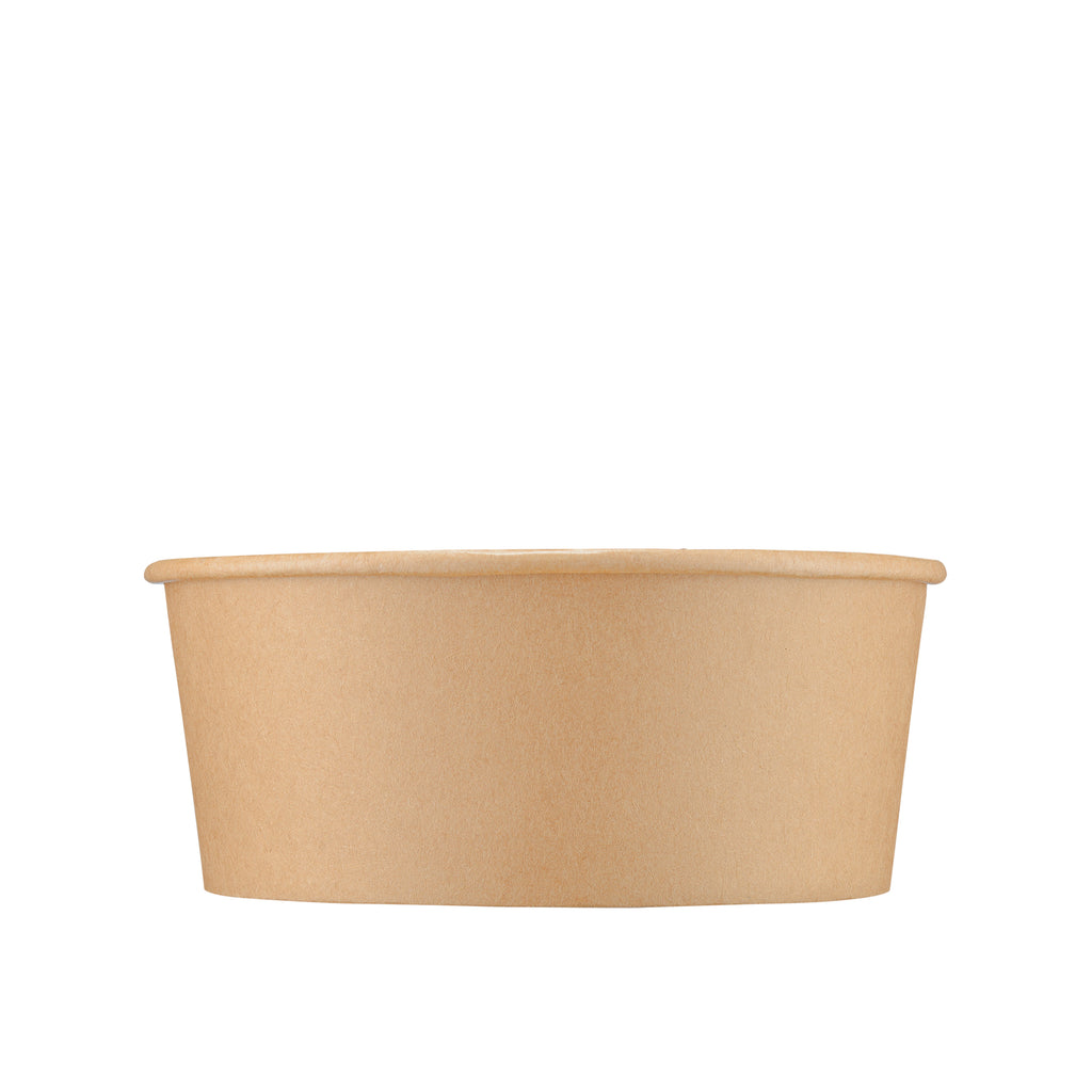Kraft round paper bowl 750ml side view – straight-on profile showing the smooth exterior kraft paper wall and rolled rim, natural brown 750ml disposable food bowl