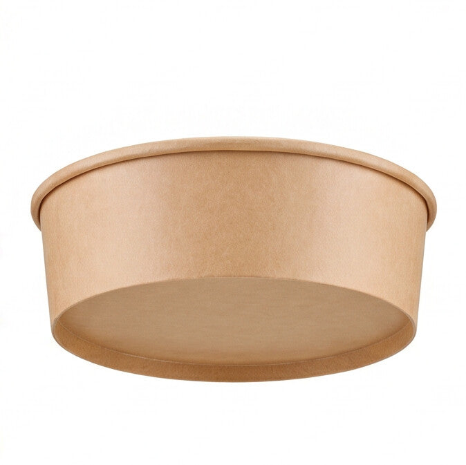kraft round paper bowl 900ml elevated front view – high-angle front shot showing the wide open rim and interior base of the natural kraft paper bowl, 900ml eco-friendly packaging
