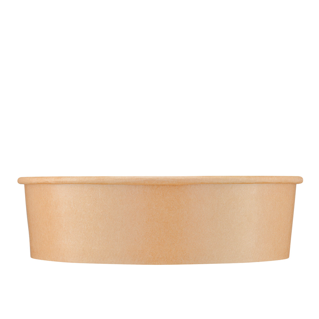 Kraft round paper bowl 900ml front view – clean slightly elevated shot showing the full exterior body and rolled rim, natural brown 900ml disposable bowl for takeaway meals
