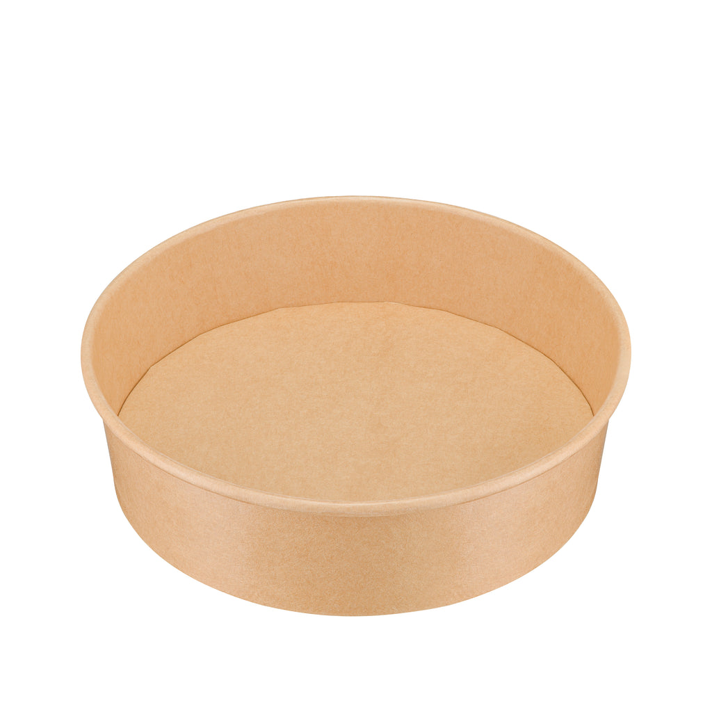 Kraft round paper bowl 900ml three-quarter view – elevated angle clearly revealing the deep open interior and circular base, natural brown kraft paper food-safe bowl