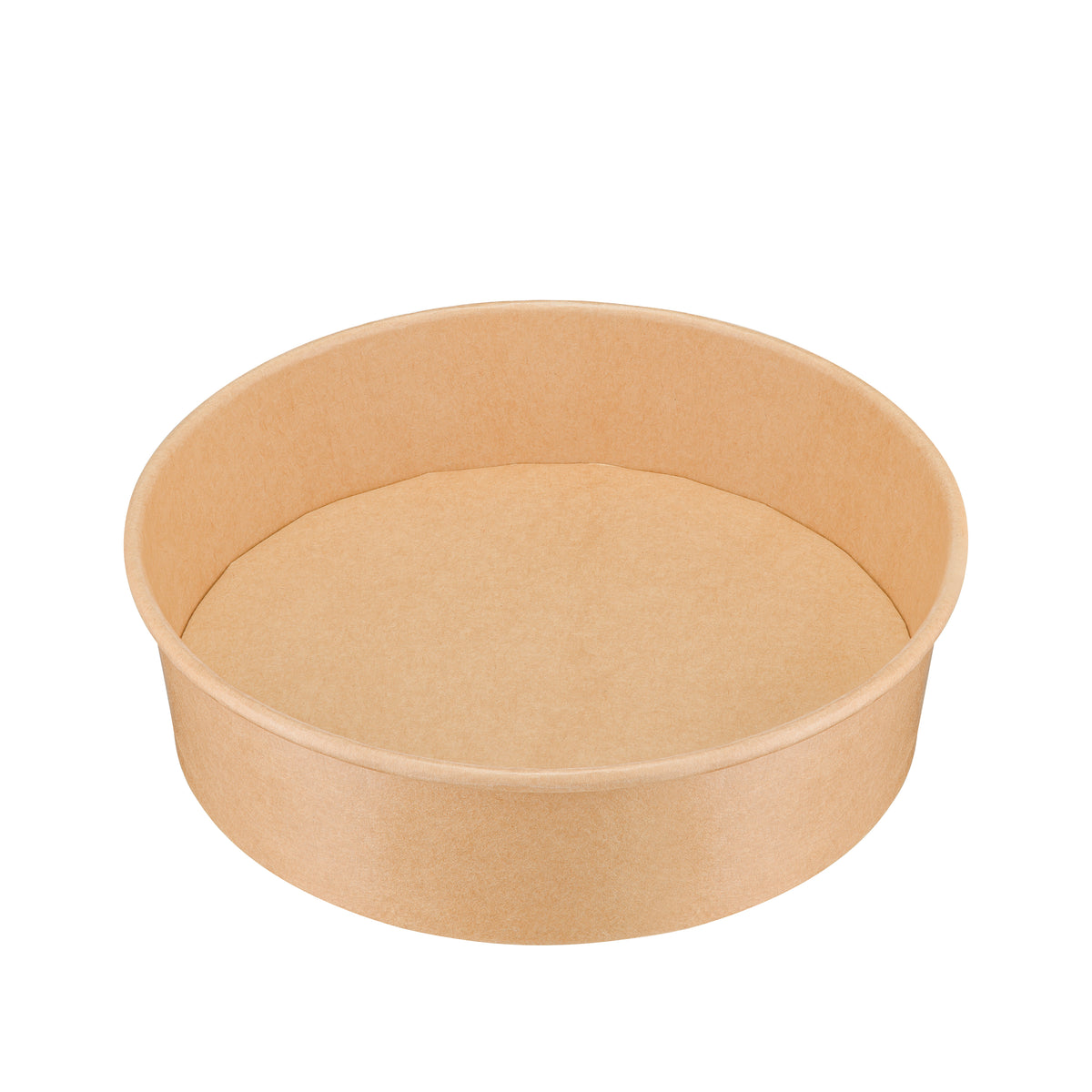 Kraft round paper bowl 900ml three-quarter view – elevated angle clearly revealing the deep open interior and circular base, natural brown kraft paper food-safe bowl