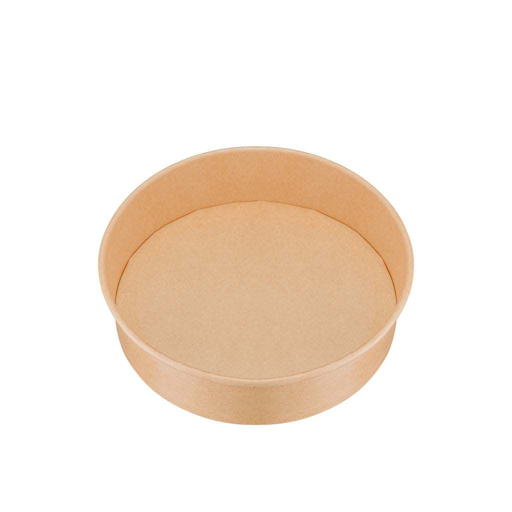 Kraft round paper bowl 900ml top view – elevated angle clearly revealing the deep open interior and circular base, natural brown kraft paper food-safe bowl