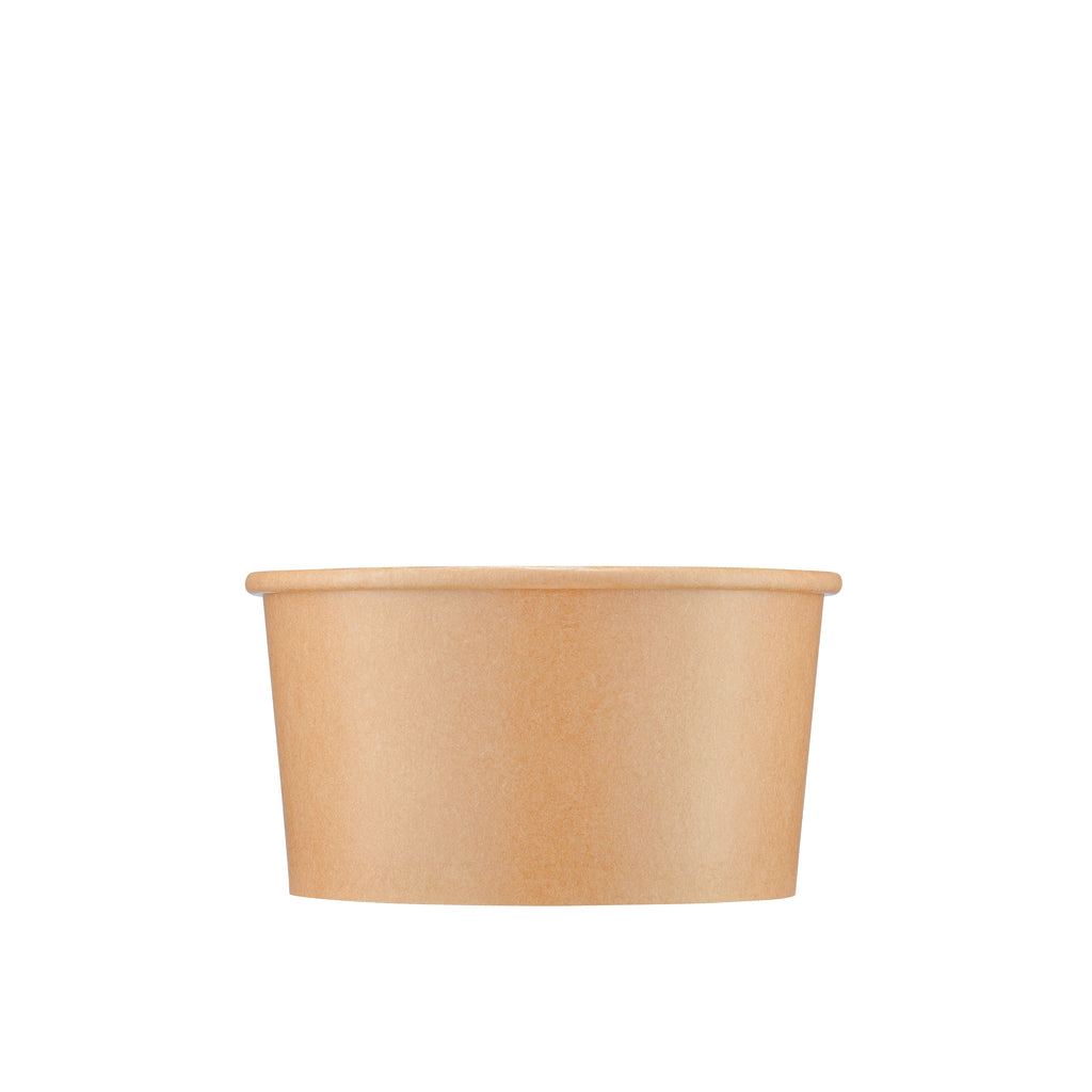 Kraft paper round side bowl 12oz, low perspective view showing exterior profile, rolled rim and natural brown kraft finish on white background
