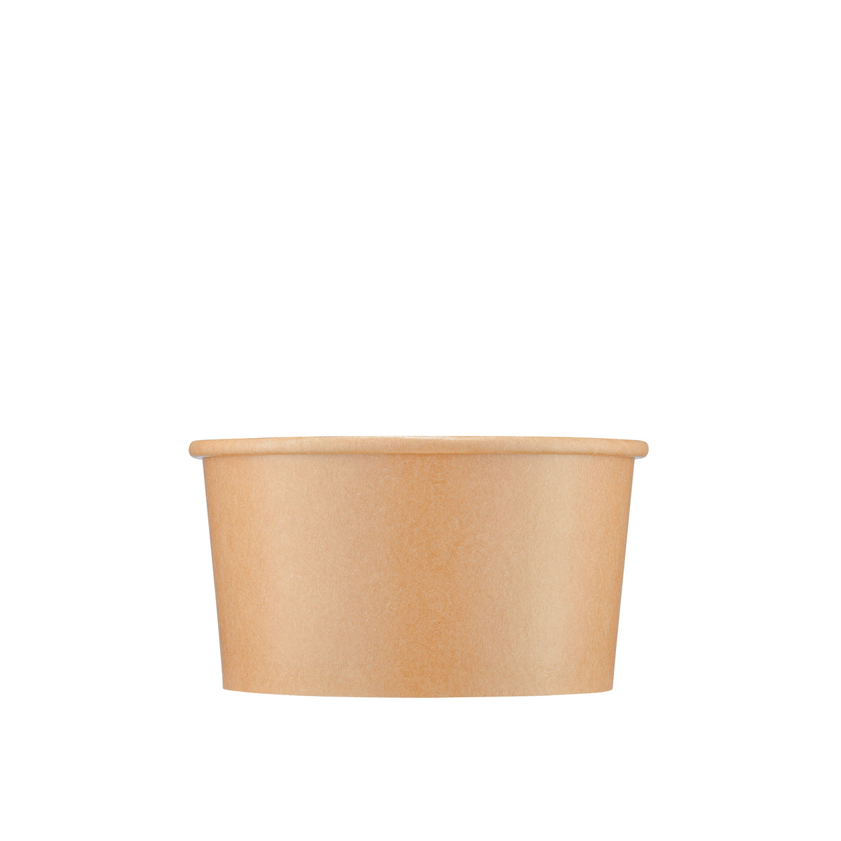 Kraft paper round side bowl 12oz, low perspective view showing exterior profile, rolled rim and natural brown kraft finish on white background
