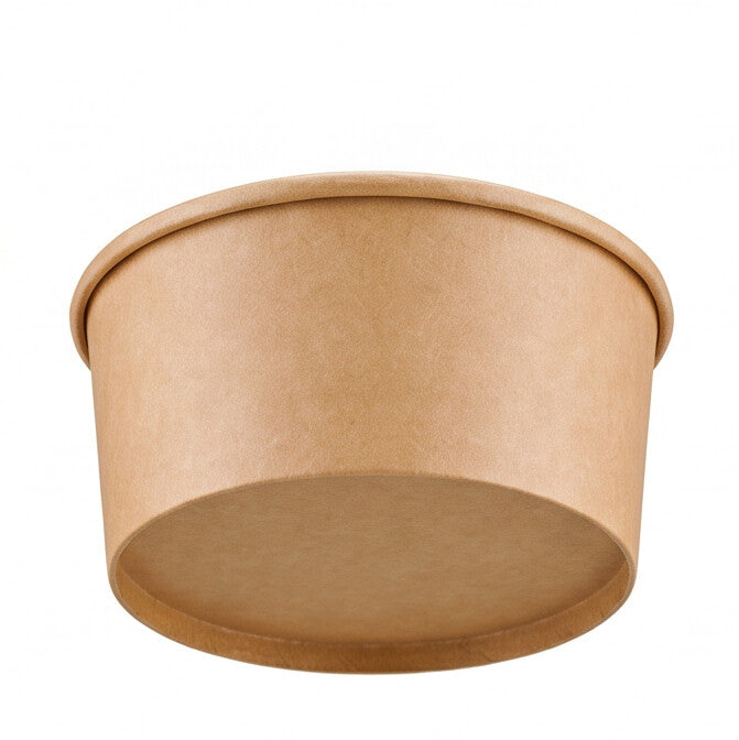 Kraft paper round side bowl 12oz, low perspective view showing exterior profile, rolled rim and natural brown kraft finish on white background
