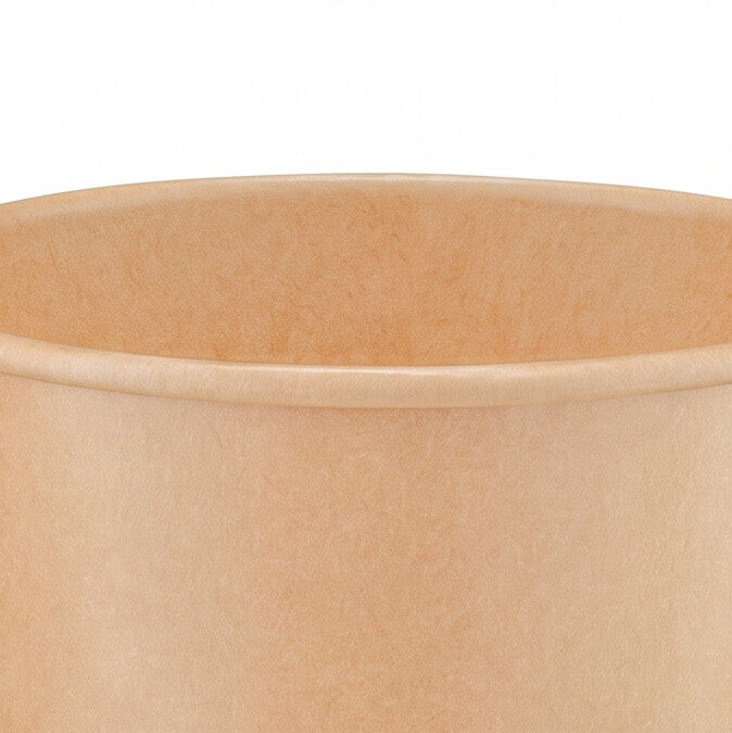 Close-up of kraft paper round side bowl 12oz showing rolled rim detail, interior wall and natural kraft paper texture