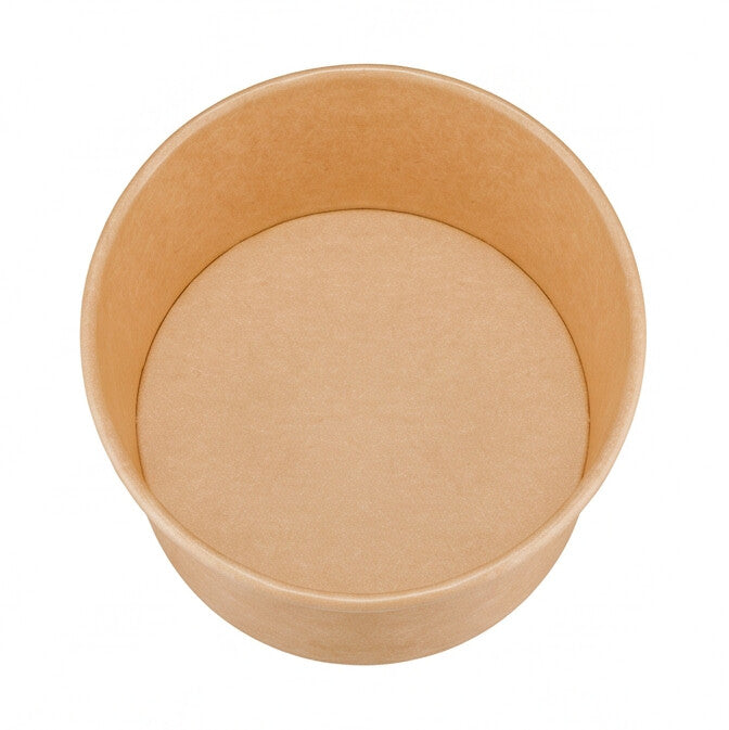Elevated angle view of kraft paper round side bowl 12oz showing interior capacity, base and rolled rim construction