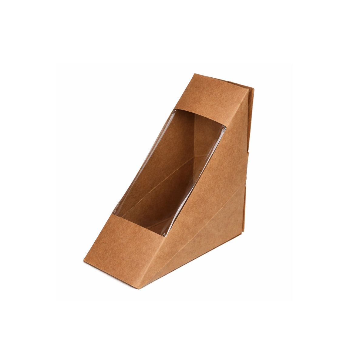 Kraft sandwich wedge box, three-quarter angle view showing triangular wedge shape with clear plastic display window and natural kraft brown construction on white background
