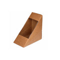 Kraft sandwich wedge deep fill box, front angle hero view showing large clear plastic display window and deep triangular wedge body of natural kraft brown construction on white background