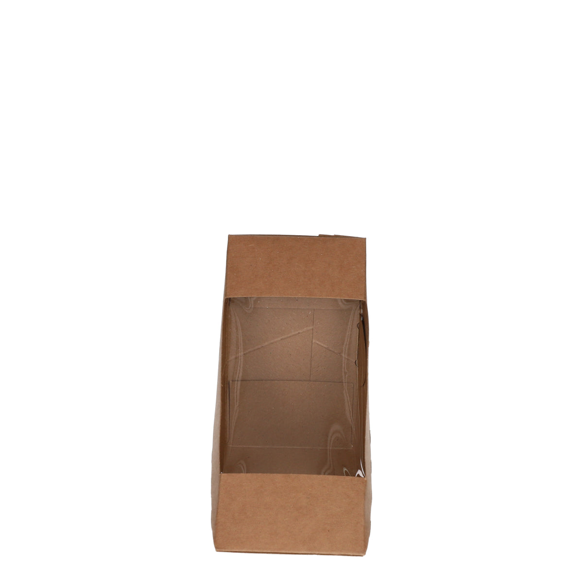 Kraft sandwich wedge deep fill box, front angle hero view showing large clear plastic display window and deep triangular wedge body of natural kraft brown construction on white background

