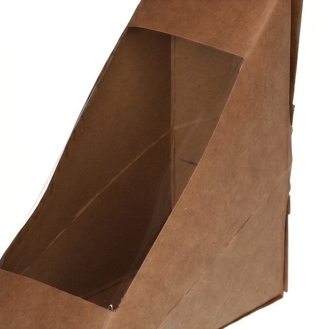 Kraft sandwich wedge box, close-up overhead angle view showing clear plastic display window and interior of natural kraft brown construction on white background
