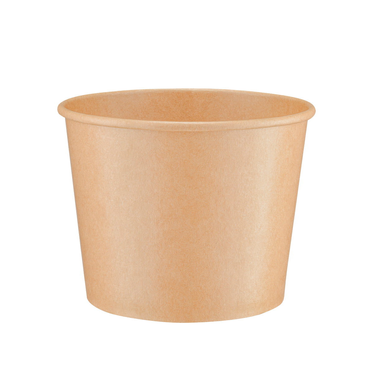 Kraft paper soup bowl 36oz viewed straight from the front, showing the tapered round body, rolled rim and kraft paper finish on a white background.