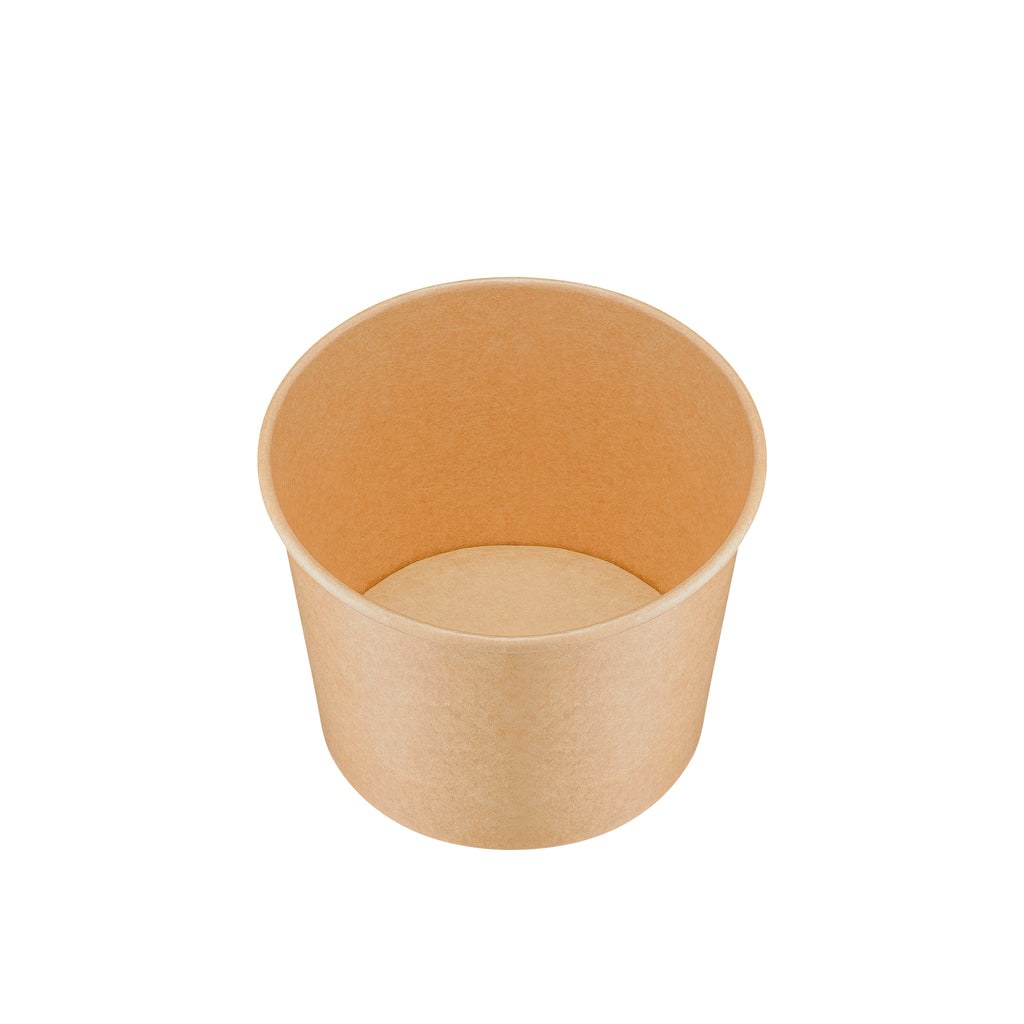 Kraft paper soup bowl 36oz viewed from a high angle, looking down into the spacious interior and clean base.