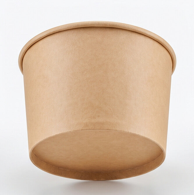 Kraft paper soup bowl 36oz viewed from a low angle, emphasizing the tapered base, sidewall and rolled rim.