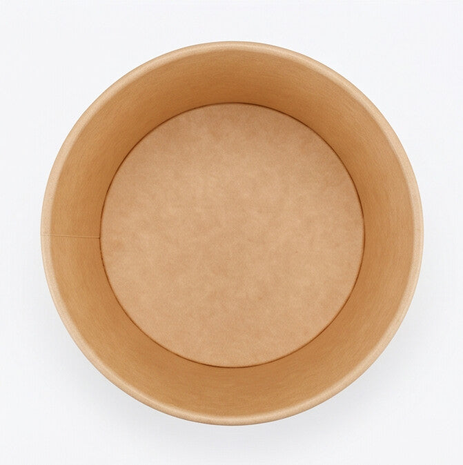Kraft paper soup bowl 36oz viewed from directly above, showing the round opening, rolled rim and clean inner base on a white background.