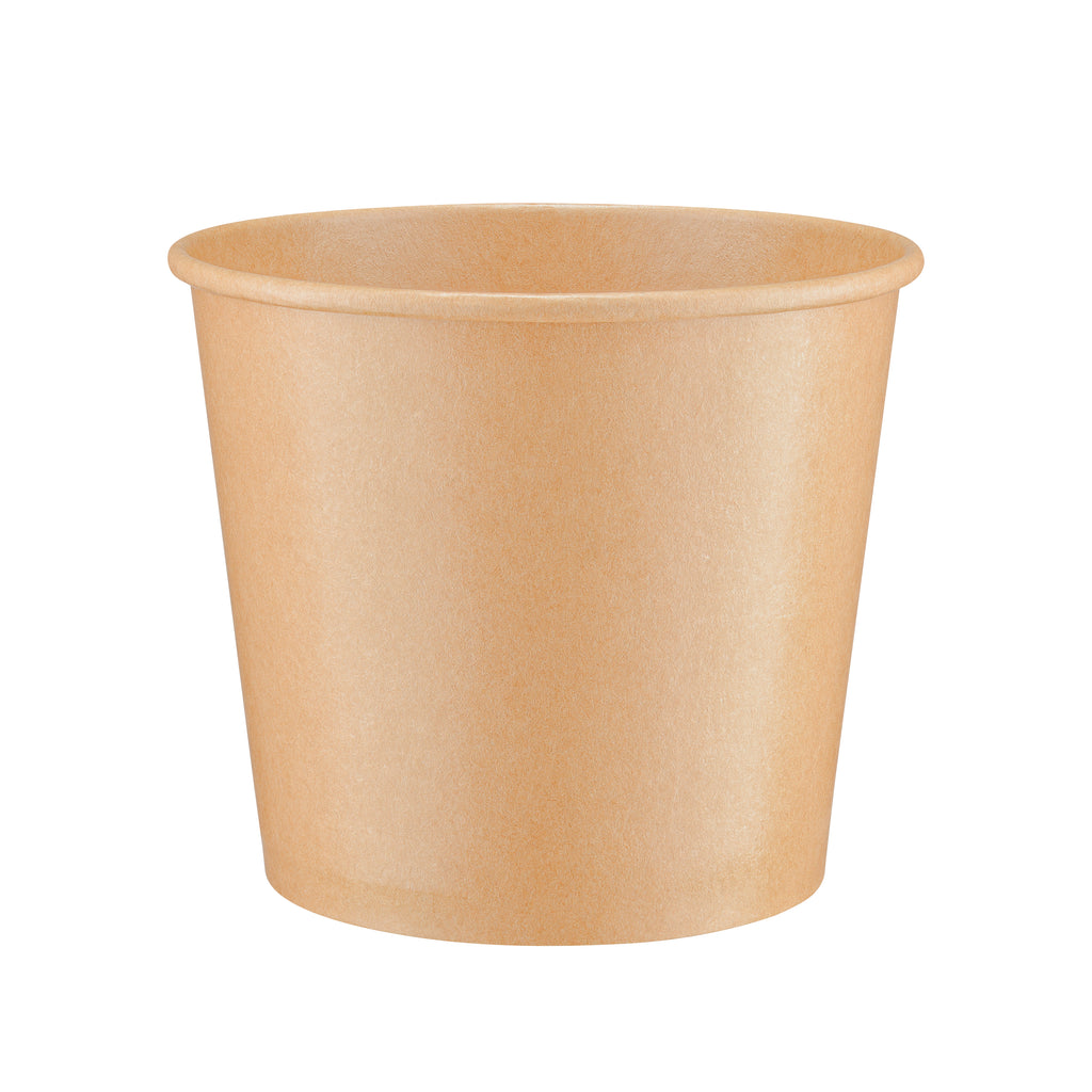 Kraft paper soup bowl 42oz viewed from a slight front angle, revealing the rolled rim and a glimpse of the smooth interior.
