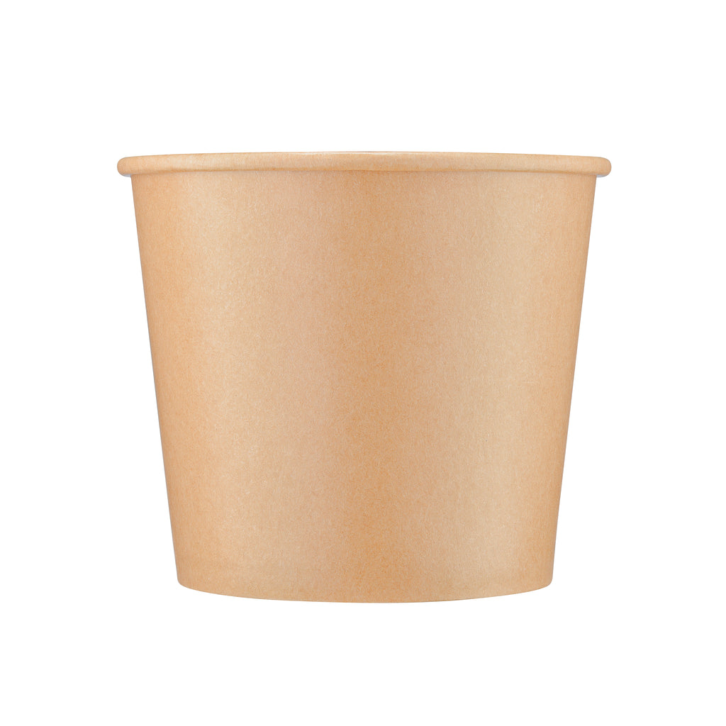 kraft paper soup bowl 42oz viewed straight from the front, showing the tapered round body, rolled rim and kraft paper finish on a white background.

