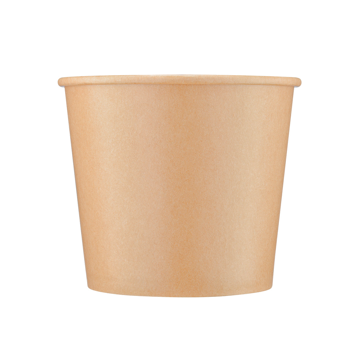 kraft paper soup bowl 42oz viewed straight from the front, showing the tapered round body, rolled rim and kraft paper finish on a white background.
