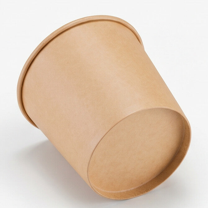 Kraft paper soup bowl 42oz viewed from a low angle, emphasizing the tapered base, sidewall and rolled rim.