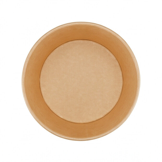 Kraft paper soup bowl 42oz viewed from directly above, showing the round opening, rolled rim and clean inner base on a white background.