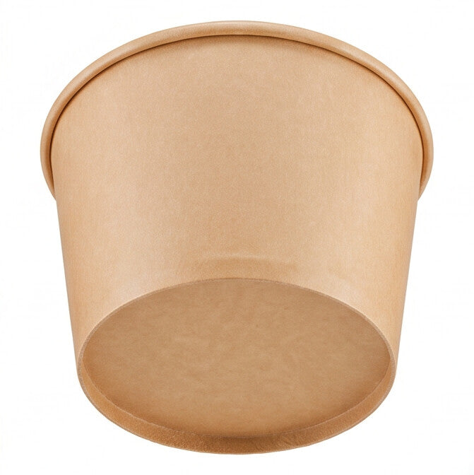 Kraft paper soup bowl 54oz viewed from a low front angle, showing the base, sidewall and rolled rim.