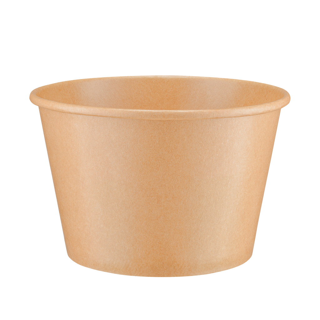 Kraft paper soup bowl 54oz viewed from a slight front angle, revealing the rolled rim and a glimpse of the smooth interior.
