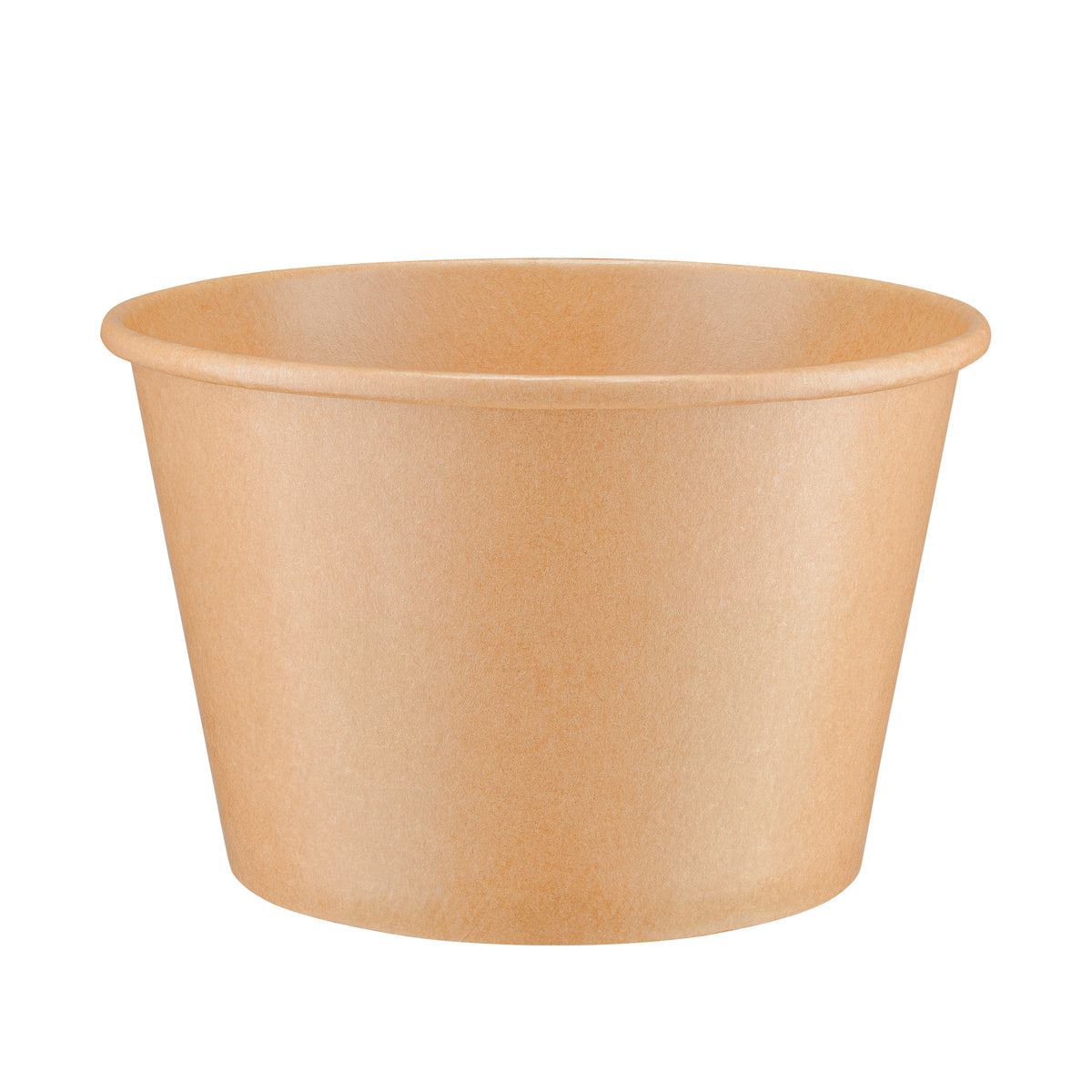 Kraft paper soup bowl 54oz viewed from a slight front angle, revealing the rolled rim and a glimpse of the smooth interior.
