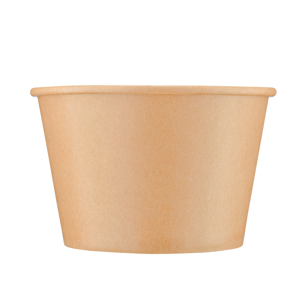 Kraft paper soup bowl 54oz viewed straight from the front, showing the tapered round body, rolled rim and kraft paper finish on a white background.