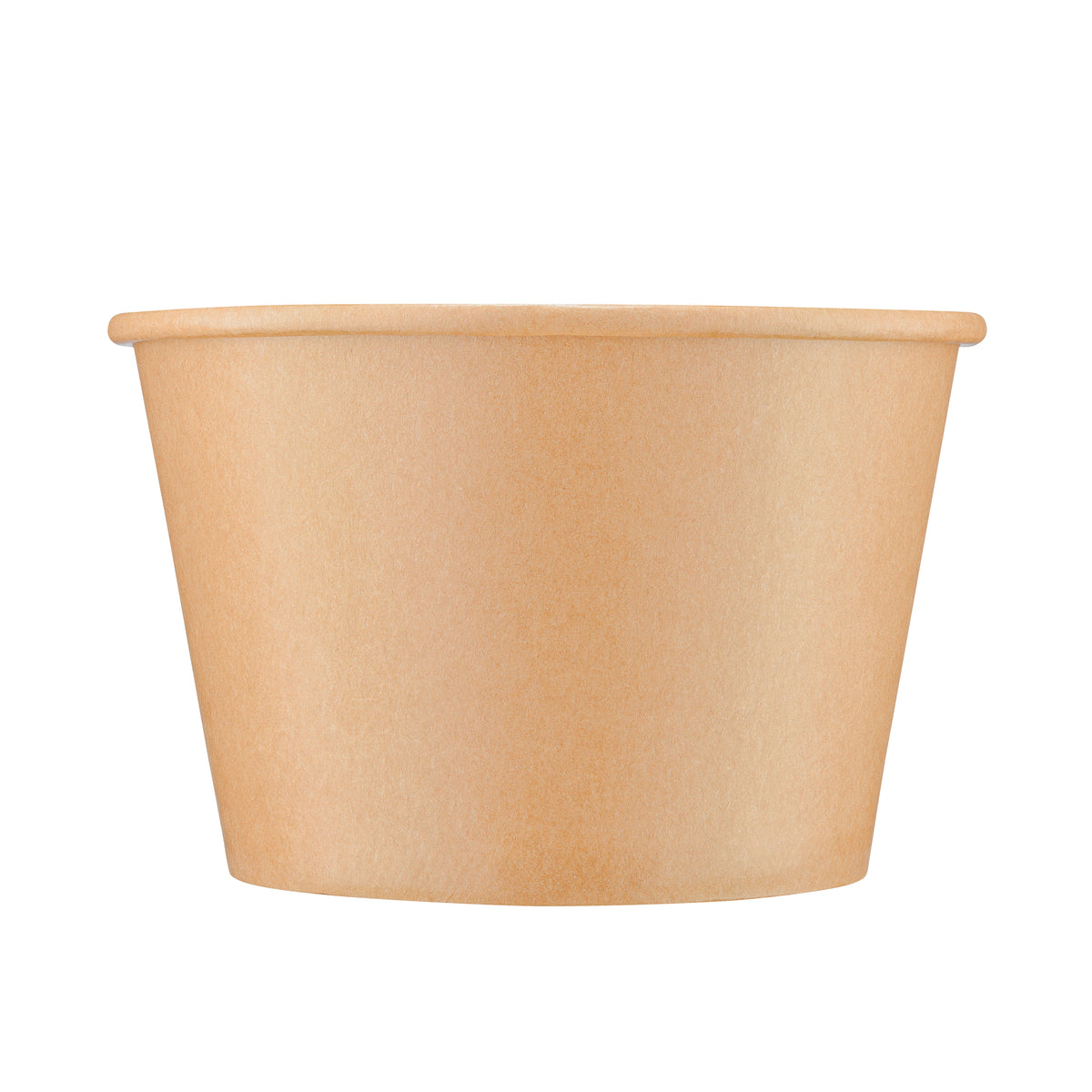 Kraft paper soup bowl 54oz viewed straight from the front, showing the tapered round body, rolled rim and kraft paper finish on a white background.