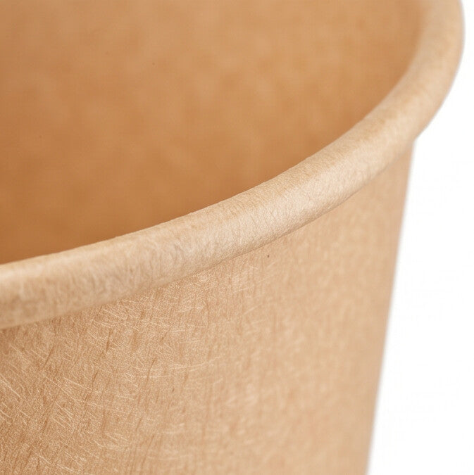 Close-up of the rolled rim and interior of a kraft paper soup bowl 54oz, highlighting the smooth food-grade lining and kraft paper grain.
