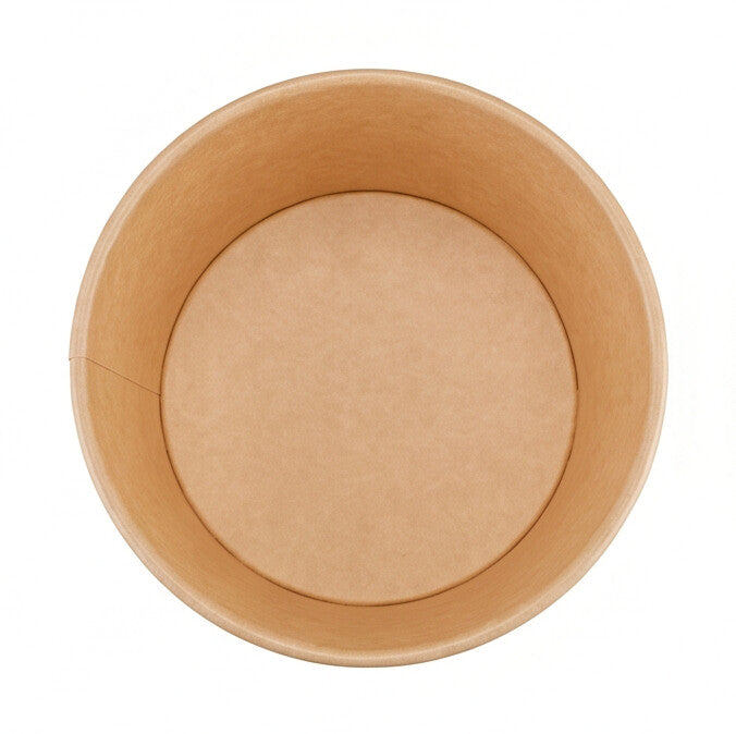 Kraft paper soup bowl 54oz viewed from directly above, showing the round opening, rolled rim and clean inner base on a white background.