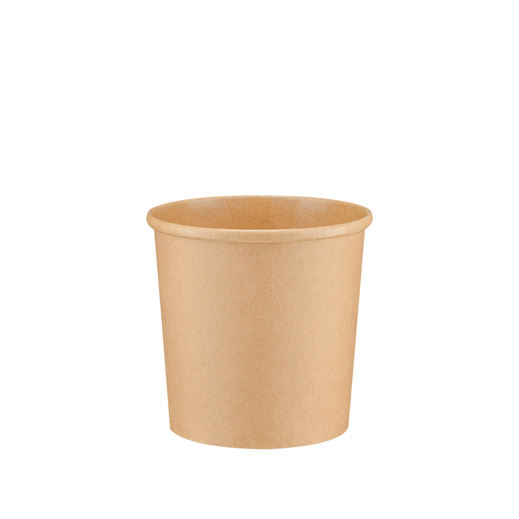 Kraft paper soup container 12oz viewed straight from the front, showing the tapered round body, rolled rim and kraft paper finish on a white background.